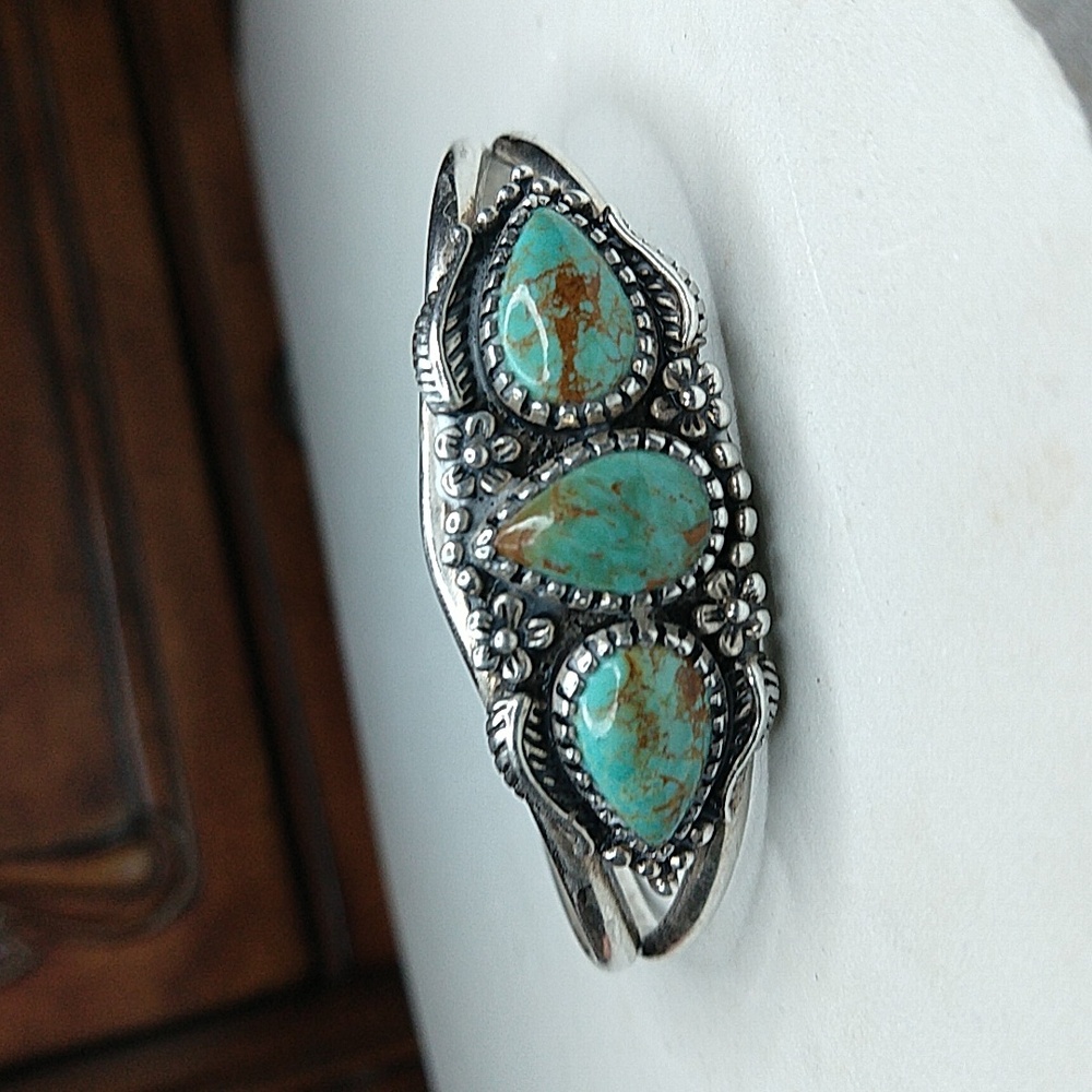 Carol felley 3d sterling silver 925 turquoise cuff bracelet floral flowers